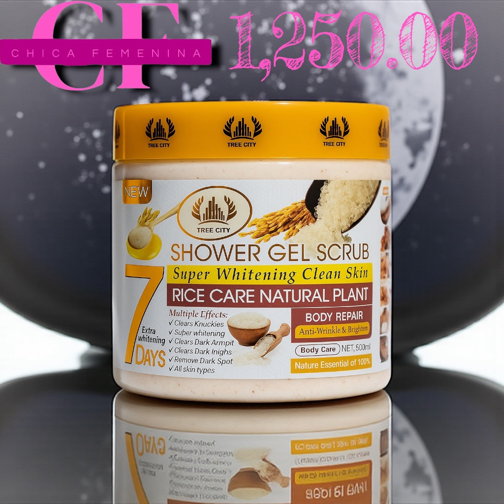 EXFOLIANTE CORPORAL DE LA MARCA TREE CITY, ESPECÍFICAMENTE EL "SHOWER GEL SCRUB" CON EXTRACTO DE ARROZ.