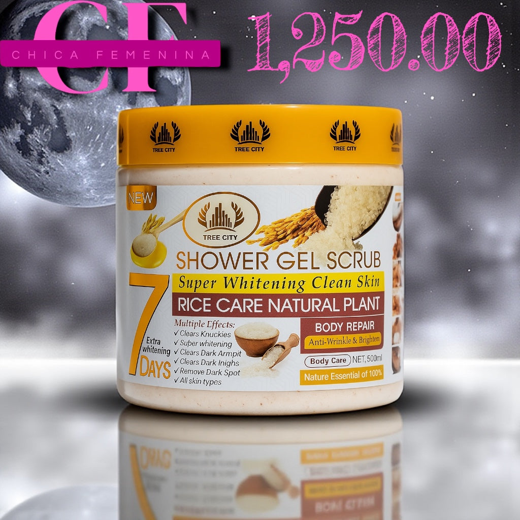 EXFOLIANTE CORPORAL DE LA MARCA TREE CITY, ESPECÍFICAMENTE EL "SHOWER GEL SCRUB" CON EXTRACTO DE ARROZ.