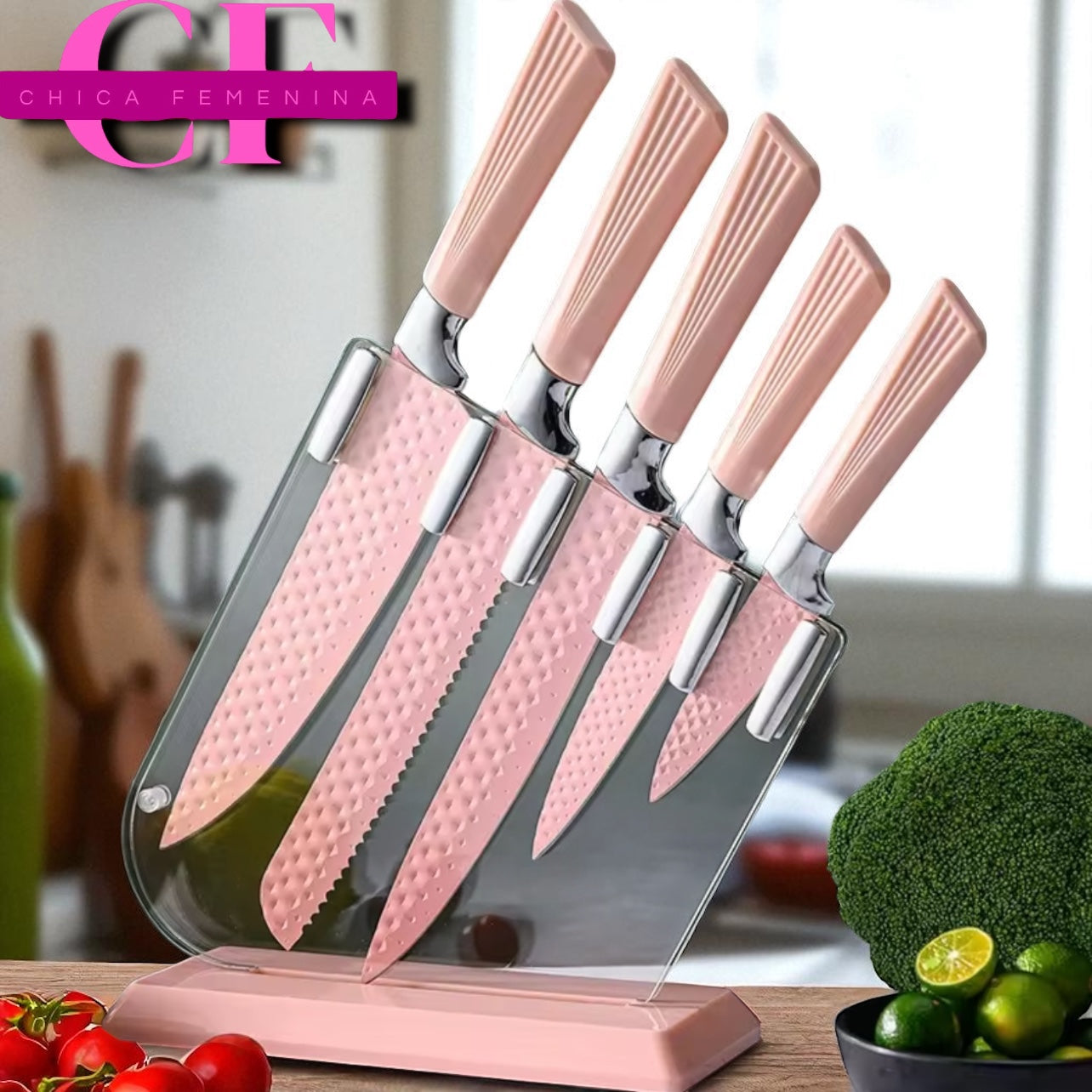 SET DE CUCHILLOS CON BASE ACRILICA ROSADO