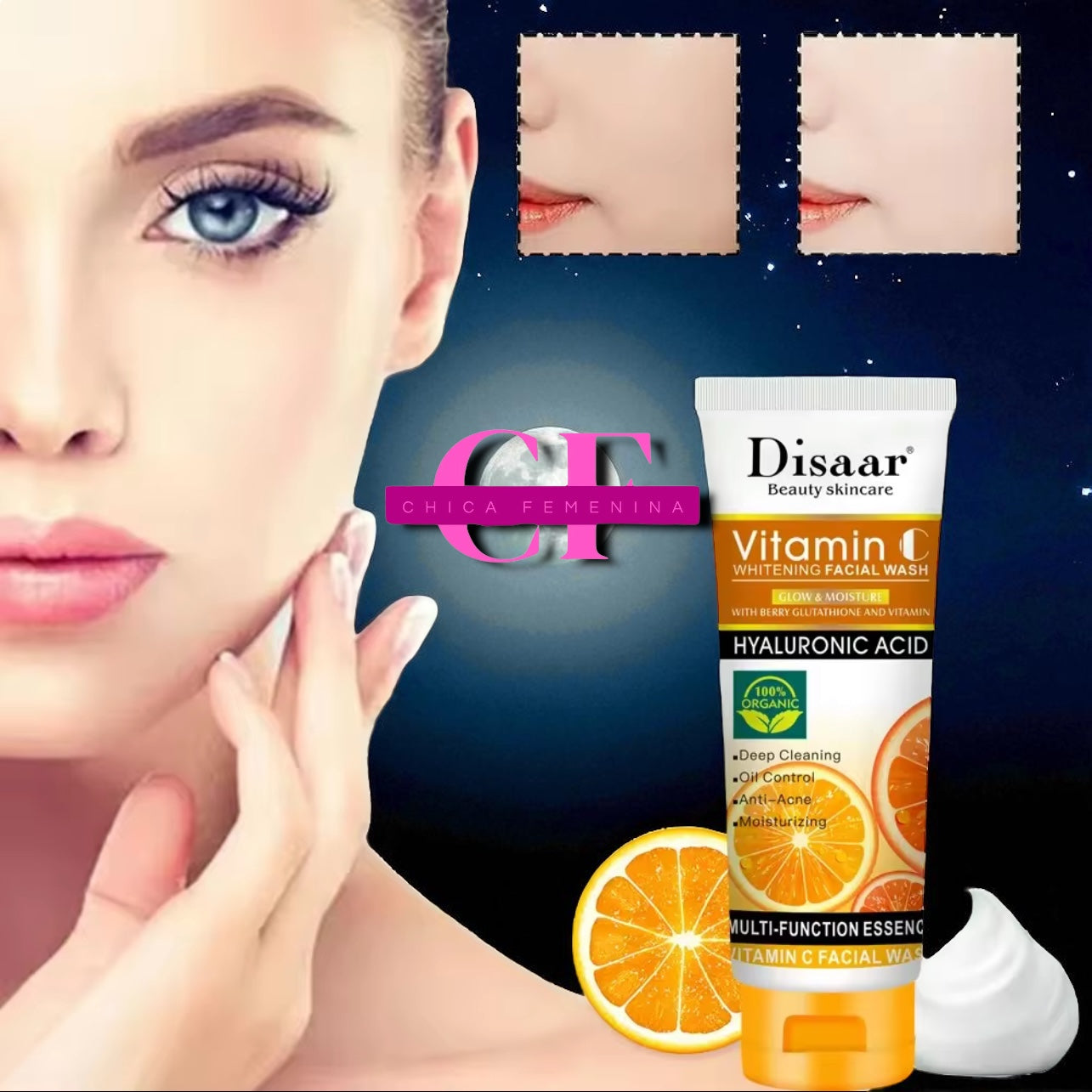 ESPUMA LIMPIADORA FACIAL CON VITAMINA C, ÁCIDO HIALURÓNICO, BAYAS Y GLUTATIÓN, HIDRATANTE, ANTIACNÉ, CONTROL DE GRASA