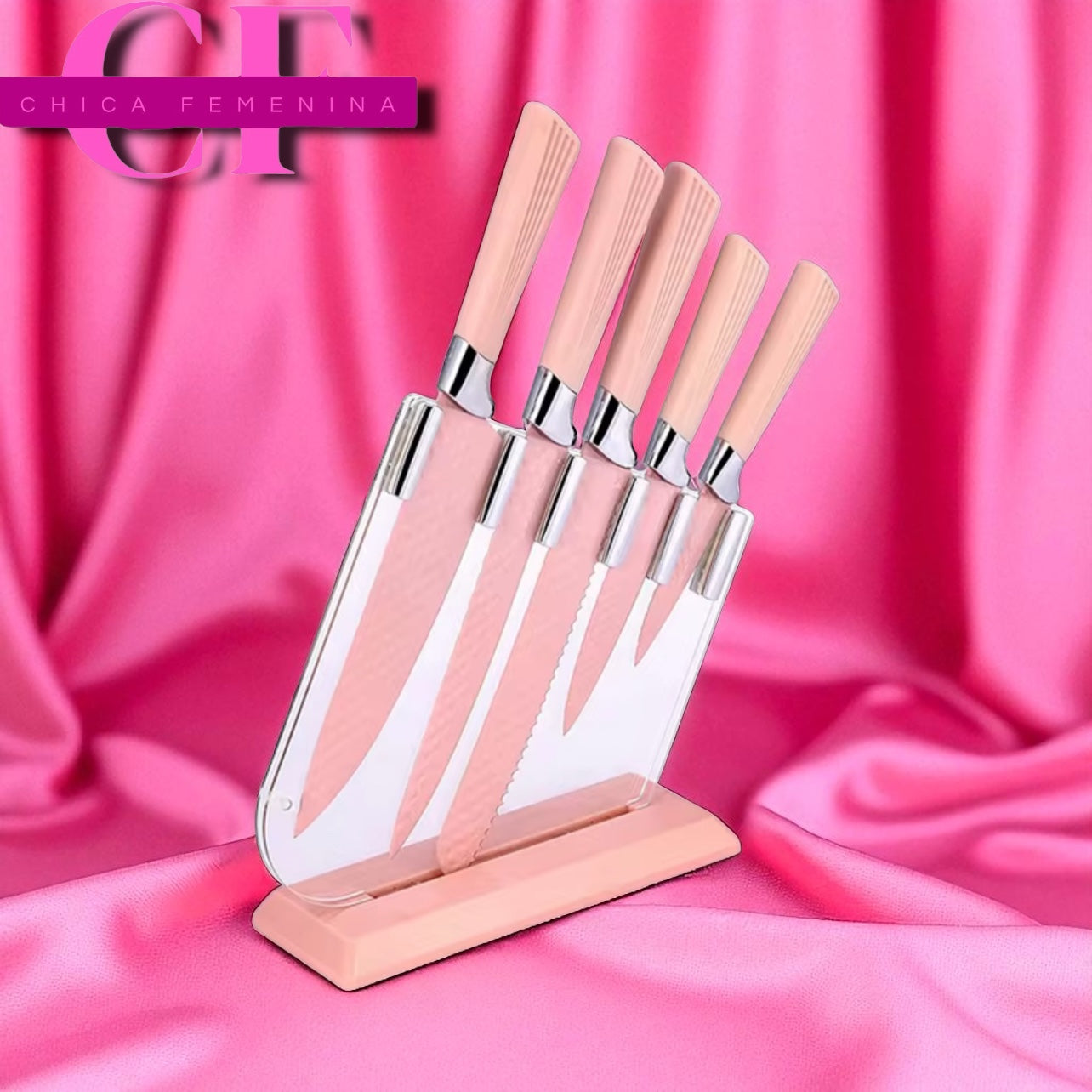 SET DE CUCHILLOS CON BASE ACRILICA ROSADO