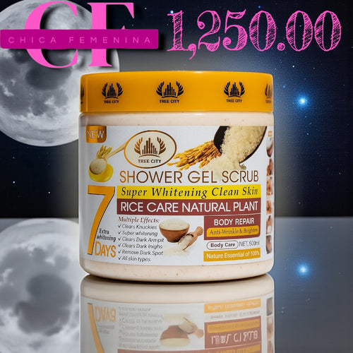 EXFOLIANTE CORPORAL DE LA MARCA TREE CITY, ESPECÍFICAMENTE EL "SHOWER GEL SCRUB" CON EXTRACTO DE ARROZ.