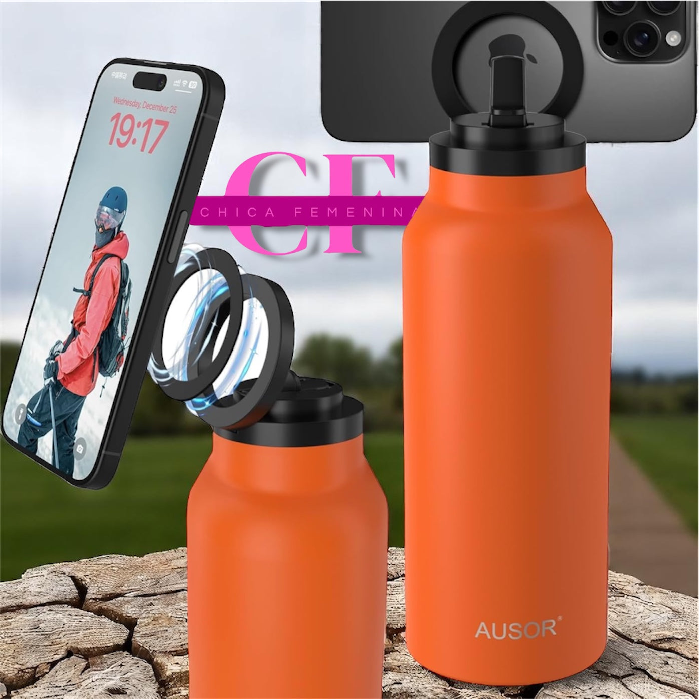 BOTELLA DE AGUA AISLADA CON SOPORTE PARA TELÉFONO