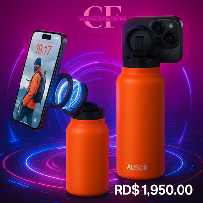 BOTELLA DE AGUA AISLADA CON SOPORTE PARA TELÉFONO