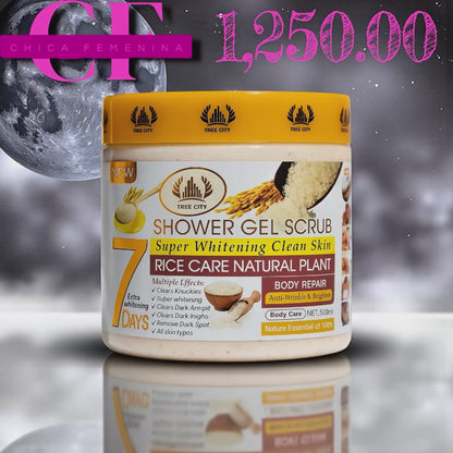EXFOLIANTE CORPORAL DE LA MARCA TREE CITY, ESPECÍFICAMENTE EL "SHOWER GEL SCRUB" CON EXTRACTO DE ARROZ.