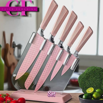 SET DE CUCHILLOS CON BASE ACRILICA ROSADO